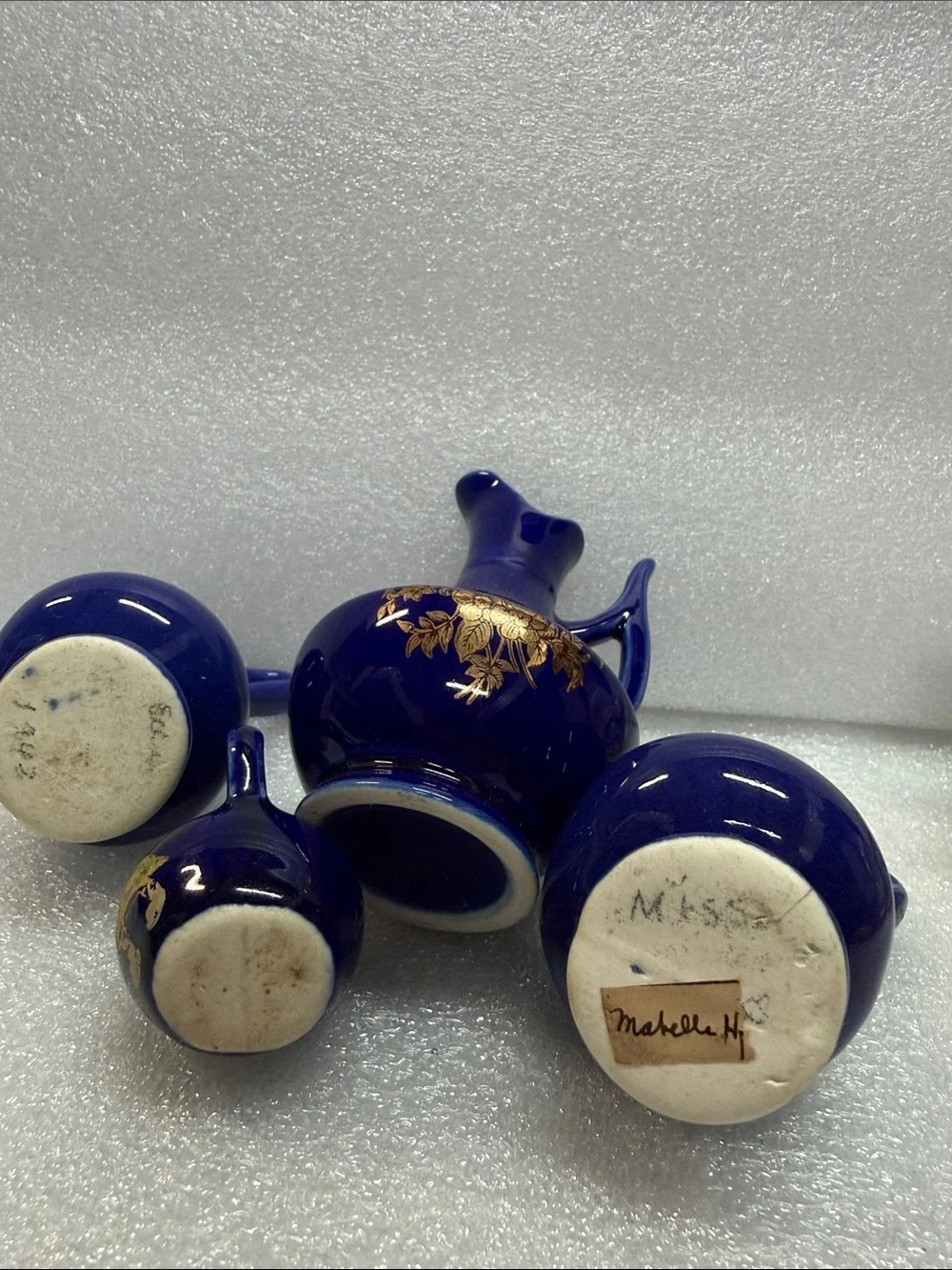 Set of 4 Miniature Cobalt Blue Porcelain Pitchers Vintage Vase Decor